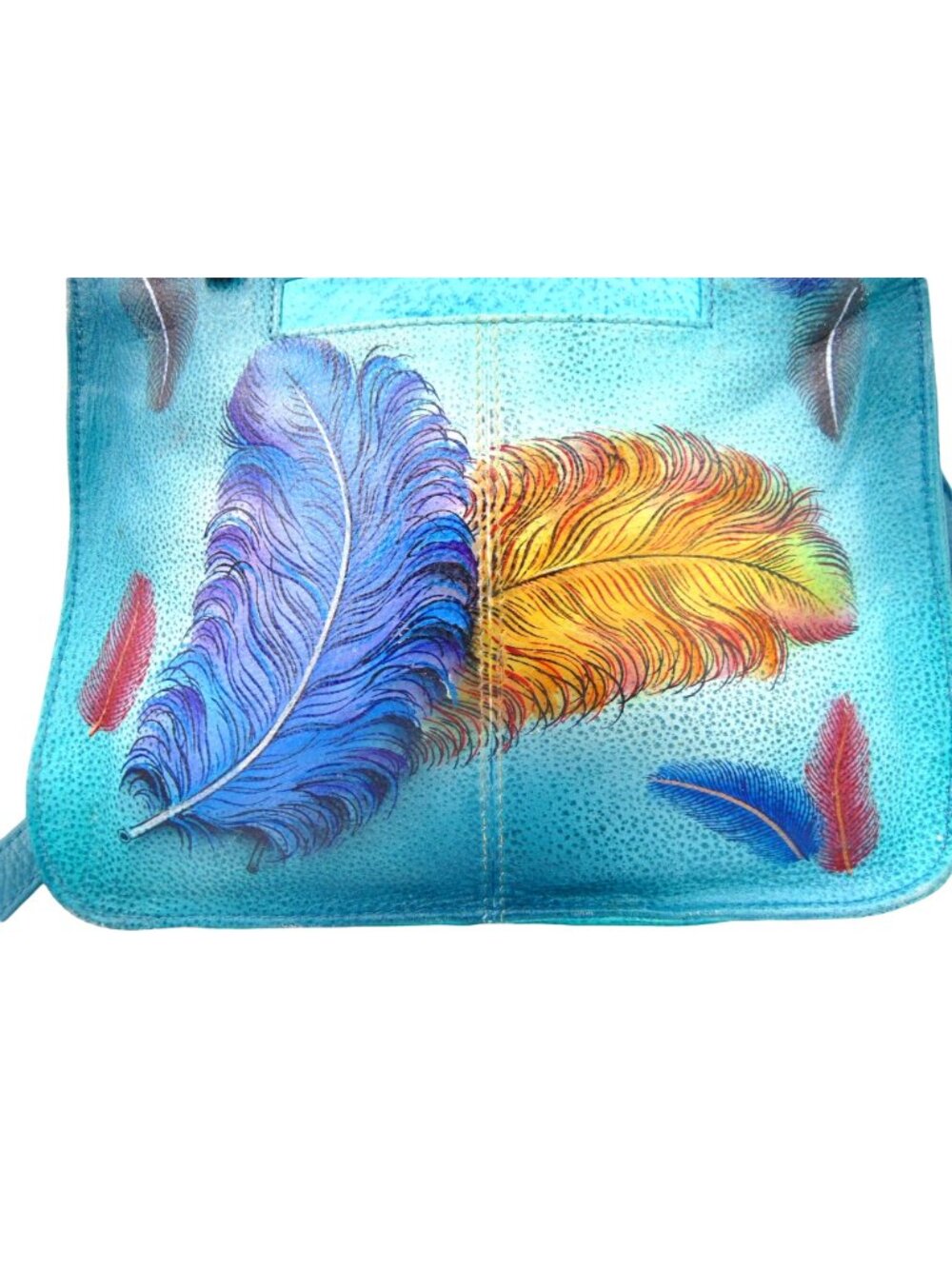 Anuschka Leather Crossbody Purse Wallet Teal Blue Feather Peacock Hand Painted - Picture 11 of 16